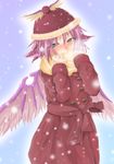  alternate_eye_color animal_ears blue_eyes blush breath coat covering_mouth embrace_(bacchi) fur hat mystia_lorelei pink_hair scarf short_hair snow snowing solo touhou wings winter winter_clothes 