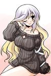  akou_roushi alternate_costume bare_shoulders blonde_hair bottomless breasts cleavage cleavage_cutout gradient_hair hair_flip hijiri_byakuren jpeg_artifacts large_breasts long_hair multicolored_hair naked_sweater no_pants off_shoulder one_eye_closed purple_hair ribbed_sweater smile solo sweater touhou two-tone_hair yellow_eyes 