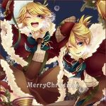  1girl bad_id bad_pixiv_id blonde_hair blue_eyes bow breath brother_and_sister christmas domco hair_ornament hairclip hat hat_removed headwear_removed kagamine_len kagamine_rin merry_christmas one_eye_closed open_mouth ribbon short_hair siblings smile twins vocaloid 