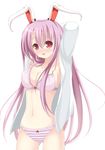  animal_ears arms_behind_head arms_up bad_id bad_pixiv_id blush bra breasts bunny_ears chimunge cleavage dress_shirt lingerie long_hair medium_breasts midriff navel no_pants open_clothes open_mouth open_shirt panties pink_bra pink_eyes pink_hair pink_panties reisen_udongein_inaba shirt solo striped striped_panties touhou underwear 