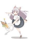  alternate_costume apron bow dress enmaided falling food fruit fujiwara_no_mokou grey_dress hair_bow hair_ribbon ice_cream kiwifruit long_hair maid open_mouth pocky red_eyes ribbon silver_hair solo spoon sundae touhou tray tripping tsukigi 