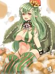  _hair breasts capcom cleavage crown deviljho facial_mark facial_marks food green_hair highres large_breasts long_hair meat monster_girl monster_hunter personification red_eyes tail thighhighs 