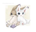  brown brown_body cat claws couple digimon feline female fur gatomon gloves happy male mammal midna01 one_eye_closed open_mouth patamon pawpads plain_background sitting tail tail_ring teeth tooth whiskers white white_background white_fur 