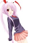  alternate_hairstyle animal_ears arms_behind_back bad_id bad_pixiv_id blush bunny_ears bunny_tail chimunge highres jacket long_hair looking_back necktie one_eye_closed open_mouth purple_hair red_eyes red_neckwear reisen_udongein_inaba smile solo tail touhou twintails v_arms 