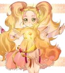  blonde_hair bow dress futari_wa_precure futari_wa_precure_max_heart glowing green_eyes hair_bow heart kamabo_ko kujou_hikari long_hair magic magical_girl pink_dress precure ribbon shiny_luminous solo twintails very_long_hair yellow yellow_background 