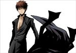  arm_at_side black_border black_coat black_jacket border brown_eyes brown_hair collarbone emiya_shirou fate/stay_night fate_(series) jacket kamino_(bbpn) kotomine_shirou_(fanfic) long_sleeves looking_to_the_side male_focus removing_coat simple_background spiked_hair upper_body white_background 