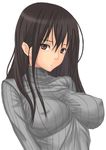  black_hair breasts brown_eyes covered_nipples impossible_clothes impossible_sweater large_breasts long_hair looking_at_viewer muffin_(sirumeria) original ribbed_sweater shirt simple_background solo sweater turtleneck upper_body white_background 