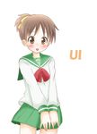  bad_id bad_pixiv_id brown_hair character_name hirasawa_ui k-on! long_sleeves looking_at_viewer maka_(hyougenbu) orange_eyes ponytail school_uniform serafuku short_hair simple_background solo standing v_arms white_background 