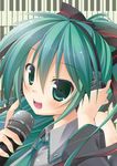  alternate_hairstyle detached_sleeves face green_eyes green_hair haruo801 hatsune_miku headphones long_hair microphone necktie open_mouth ponytail solo vocaloid 
