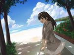  :d bag beach blue_eyes brown_hair cloud day dutch_angle flower hood hood_down hoodie long_hair miniskirt nature ocean open_mouth original outdoors skirt sky smile solo tamaru_tokihiko tree tree_shade water 