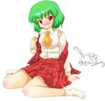  ascot blush closed_umbrella elly green_hair kazami_yuuka michii_yuuki multiple_girls off_shoulder pain plaid plaid_skirt plaid_vest red_eyes scythe short_hair sitting skirt skirt_set top-down_bottom-up touhou touhou_(pc-98) trembling umbrella vest white_background 