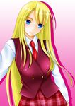  blonde_hair blue_eyes face kishida-shiki long_hair mahora_academy_middle_school_uniform mahou_sensei_negima! plaid plaid_skirt school_uniform skirt solo yukihiro_ayaka 