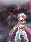  anya_alstreim bad_id bad_pixiv_id cape code_geass dalc_rose knights_of_the_round_uniform mecha mordred_(code_geass) pink_hair rain red_hair solo thighhighs 