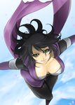  akishima_kei bad_id bad_pixiv_id black_hair breasts cherry_blossoms cleavage day fujibayashi_shiina green_eyes japanese_clothes large_breasts ninja petals short_hair sky smile solo tales_of_(series) tales_of_symphonia 