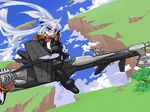  cannon cliff day floating_hair full_body green_eyes long_hair looking_at_viewer machinery mof mof's_silver_haired_twintailed_girl oekaki original outdoors silver_hair solo very_long_hair 