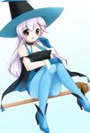  aikawa_akane bare_shoulders blue_legwear broom broom_riding earrings gloves hat jewelry mahou_tsukai_tai! pantyhose sidesaddle solo usashiro_mani witch witch_hat 