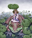  frog hat kosagi_rie leaf moriya_suwako rain riding solo thighhighs touhou water 