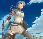  blood blue_hair cloud copyright_request day green_eyes itou_(onsoku_tassha) scenery shield sky solo sword thighhighs weapon zettai_ryouiki 