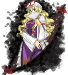  blonde_hair covering_mouth dress fan folding_fan gap hat long_hair purple_eyes solo tetsu_(kimuchi) touhou yakumo_yukari 