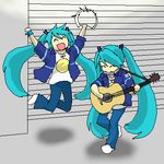  acoustic_guitar aqua_hair clone guitar hatsune_miku instrument long_hair lowres multiple_girls nawoko oekaki twintails very_long_hair vocaloid 