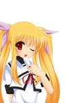  blonde_hair fate_testarossa food ice_cream kurono_yuzuko long_hair lyrical_nanoha mahou_shoujo_lyrical_nanoha one_eye_closed school_uniform seishou_elementary_school_uniform solo 