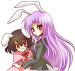  :3 animal_ears bad_id bad_pixiv_id black_hair brown_hair bunny_ears carrot girotin_ginza inaba_tewi long_hair multiple_girls purple_hair red_eyes reisen_udongein_inaba short_hair touhou 