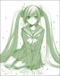  green hatsune_miku long_hair monochrome school_uniform serafuku sketch solo twintails very_long_hair vocaloid zinno 