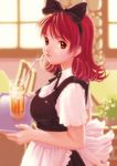  breasts copyright_request drink drinking drinking_straw kobayashi_yuuji medium_breasts non-web_source red_hair solo tray waitress 