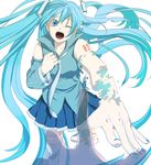  amputee aqua_hair asymmetrical_sleeves bad_id bad_pixiv_id blue_eyes blue_hair blue_skirt collarbone collared_shirt cowboy_shot detached_sleeves digital_dissolve dissolving dissolving_clothes floating_hair hair_down hair_ornament hair_undone hatsune_miku hatsune_miku_no_shoushitsu_(vocaloid) long_hair looking_at_viewer miniskirt nail_polish necktie number one_eye_closed one_side_up open_mouth out_of_frame pleated_skirt pov pov_hands reaching shirt simple_background skirt solo_focus tattoo tears thighhighs transparent umishima_senbon very_long_hair vocaloid white_background 