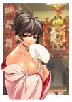  artist_request black_eyes black_hair breasts cleavage copyright_request fan japanese_clothes large_breasts off_shoulder paper_fan photo_background smile solo uchiwa 