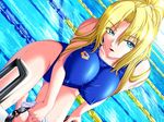  :o aqua_eyes arena_(company) bangs blonde_hair blue_swimsuit brand_name_imitation breast_squeeze breasts collarbone competition_swimsuit covered_nipples dutch_angle emblem eyes_visible_through_hair game_cg goggles goggles_removed groin hair_between_eyes hair_over_shoulder hair_tie hasekura_ritsuko high_ponytail highleg highleg_swimsuit impossible_clothes impossible_swimsuit kagami_hirotaka ladder lane_line large_breasts long_hair looking_at_viewer mesu_kyoushi mole mole_under_eye one-piece_swimsuit one_knee open_mouth parted_bangs ponytail pool pool_ladder poolside solo swim_cap swim_cap_removed swimsuit taut_clothes thighs water wet wet_hair 