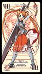  armor bandages bell card_(medium) character_name ensis_exorcizans hair_bell hair_ornament heterochromia kagurazaka_asuna mahou_sensei_negima! mars_symbol nino_(ninouchi_irazu) orange_hair pactio solo sword thighhighs twintails weapon 