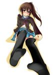  blue_sailor_collar blush brown_hair cardigan feet genderswap genderswap_(mtf) highres katyo kita_high_school_uniform kyon kyonko long_hair ponytail sailor_collar school_uniform serafuku skirt solo suzumiya_haruhi_no_yuuutsu thighhighs 