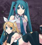  3u aqua_hair bad_id bad_pixiv_id hatsune_miku kagamine_rin long_hair multiple_girls thighhighs twintails very_long_hair vocaloid 