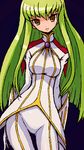  beret breasts brooch brown_eyes c.c. code_geass collar contrapposto gem gloves green_hair hat jewelry long_hair looking_at_viewer medium_breasts shirono skin_tight solo standing thigh_gap uniform white_gloves wide_hips 