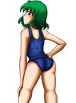  aotori ass eyebrows eyebrows_visible_through_hair from_behind green_hair hand_on_hip hand_on_own_knee kazami_yuuka looking_back one-piece_swimsuit red_eyes school_swimsuit short_hair solo swimsuit touhou white_background 