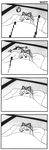  4koma alarm_clock azumanga_daiou clock closed_eyes comic english eyebrows_visible_through_hair futon gap greyscale hard_translated hat ishitsu_tadashi mob_cap monochrome mundane_utility parody pillow sleeping sleepy solo touhou translated yakumo_yukari 