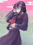  black_hair black_serafuku cloud egasumi glasses goggles hidari_kagetora long_hair original pink_sky school_uniform serafuku sky solo 