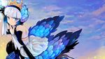  armor armored_dress bad_id bad_pixiv_id bare_shoulders crown detached_sleeves dress glowing gwendolyn kitsuta odin_sphere polearm short_hair silver_eyes silver_hair sky spear strapless strapless_dress weapon wings 