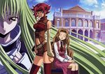  absurdres ashford_academy_uniform bangs bare_shoulders belt blue_eyes breasts brown_hair buckle c.c. code_geass contrapposto flipped_hair green_hair hand_on_hip headband highres kallen_stadtfeld kimura_takahiro large_breasts long_hair long_sleeves looking_at_viewer multiple_girls navel navel_cutout nunnally_lamperouge official_art red_hair scan short_hair sleeveless sleeveless_turtleneck standing thighhighs thighs turtleneck very_long_hair yellow_eyes yellow_legwear zettai_ryouiki 