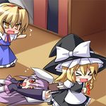  &gt;_&lt; alice_margatroid animal_ears blonde_hair book bunny_ears chibi closed_eyes hat katami_shinta kirisame_marisa lowres multiple_girls purple_hair reisen_udongein_inaba touhou witch_hat 