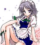  arm_support braid izayoi_sakuya knife lowres maid oekaki peter_(gvb) purple_eyes short_hair silver_hair sitting solo touhou twin_braids 