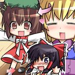  3girls :d =_= black_hair blonde_hair blue_eyes blush bow bowtie brown_eyes brown_hair chen chibi directional_arrow dress full-face_blush hair_tubes hakurei_reimu heart katami_shinta long_sleeves looking_at_viewer lowres multiple_girls open_mouth outstretched_arms red_dress sidelocks smile spread_arms tareme touhou white_bow white_neckwear yakumo_ran 