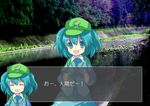  :d ^_^ aqua_eyes aqua_hair banned_artist closed_eyes fake_screenshot harano hat kawashiro_nitori open_mouth photo_background river short_hair smile solo touhou translated two_side_up 