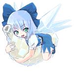  bad_id bad_pixiv_id banana bow cirno food frozen fruit holding holding_food holding_fruit homura_subaru hug ice oekaki on_banana sexually_suggestive smile solo tongue touhou 