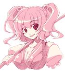  breasts cleavage hair_bobbles hair_ornament large_breasts lowres monochrome onozuka_komachi pink smile solo touhou touya_(the-moon) two_side_up upper_body 