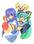  3girls aqua_eyes aqua_hair bad_id bad_pixiv_id blonde_hair blue_eyes blue_hair blue_scarf brother_and_sister brown_eyes brown_hair double_scoop food hatsune_miku headphones ice_cream kagamine_len kagamine_rin kaito kitsuta long_hair meiko multiple_boys multiple_girls necktie ribbon scarf short_hair siblings spring_onion twins twintails vocaloid 