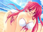  all_fours beach bikini breasts cleavage covered_nipples day game_cg glasses large_breasts long_hair matsushima_biwako matsushima_biwako_wa_kaizou_ningen_de_aru. outdoors purple_eyes red_hair side-tie_bikini solo swimsuit yoshimura_kentaro 