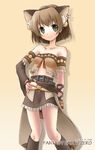  animal_ears bad_id bad_pixiv_id bare_shoulders brown_hair cat_ears earrings fantasy_earth_zero green_eyes hand_on_hip jewelry kneehighs komone_ushio midriff navel short_hair smile socks solo 