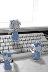  barefoot bow chibi cirno computer keyboard_(computer) multiple_girls open_mouth ribbon smile touhou ugif wings 